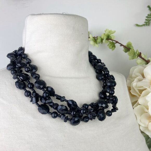 Black Faceted Bead Statement Necklace | 4 strand - Picture 1 of 5